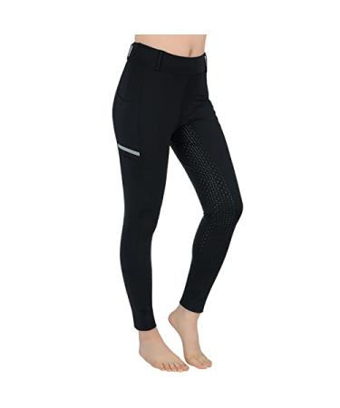 SPOEAR Horse Riding Pants Equestrian Girls Full Seat Silicone Breeches Kids Pull-On Horseback Riding Tights Pockets Black Large