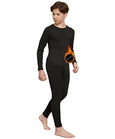 TELALEO Boys Thermal Underwear Set for Kids Long Johns Double Fleece Lined Youth Base Layer with fly Shirt & Pants Sets Black Large
