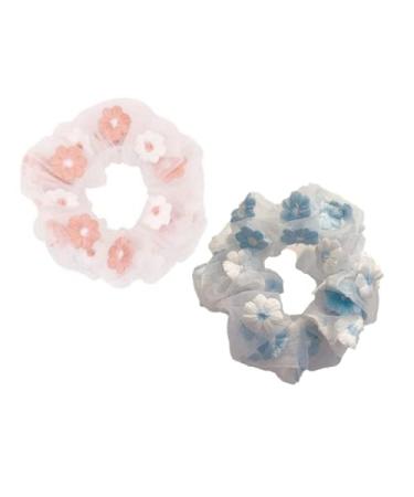 KDDOM 2 PCS Embroidery Tulle Flower Hair Scrunchie  Vintage Hair Loop for Girls and Women(Pink Blue)