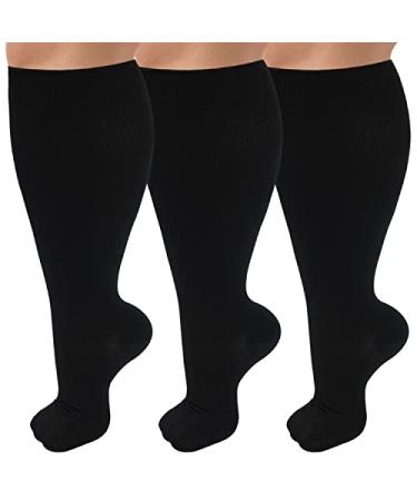 3 Pack Plus Size Compression Socks for Women & Men, 20-30 mmhg Extra Wide Calf Knee High Stockings for Circulation Support 01-3 Pack Black XX-Large