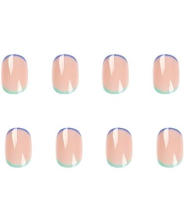 Simple French Blue Green Edge Nail Press on Nails Short Square Glossy False Nail Daily Manicure 24 Pcs 16 - Buy Online on SooperMarket.com