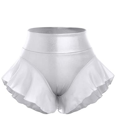 Womens Ruffle Shiny Rave Dance Booty Shorts High Waist Metallic Mini Hot Pants Stage Pole Dance Yoga Bikini Bottoms Large Silver