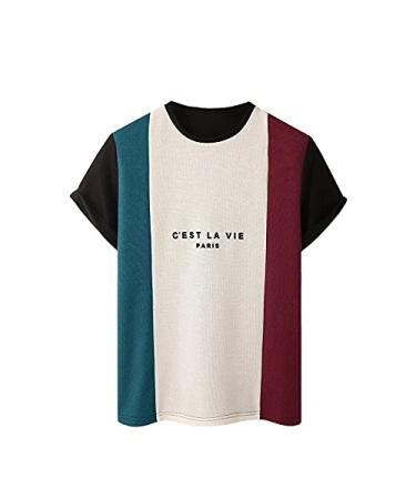 BEUU 2022 New Summer Mens T-Shirts Short Sleeve Crewneck T Shirt Color Block Letter Print Personalized Casual Tee Tops 126- Wine X-Large