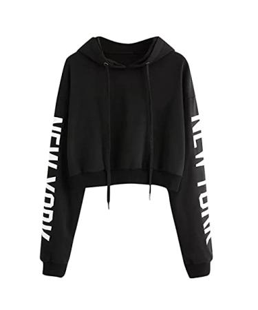 New York Crop Hoodies for Women Teen Girls Solid Color Hooded Sweatshirt Tie Dye Printed Long Sleeve Pullover Tops A01 Black Large