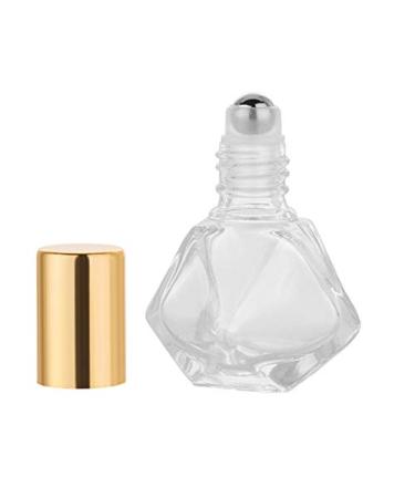 6Pcs 5ml (1/6 oz) DIY Travel Essential Oil Roller Bottle Polygonal Clear Glass Cosmetic Contaners Vials for Essential Oils Perfumes Aromatherapy, 1pc Funnel and Dropper, Roll on Bottles with Gold Cap