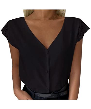 Women's V Neck Button Down Blouse Shirts Trendy Sexy Lace Trim Backless Tops Casual Cap Sleeve T-Shirts Tunics Large Black