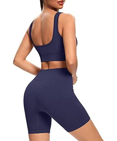 TWFRHC Women's Ribbed Tank Seamless 2-Piece Workout Set | High Waist Gym Outfit Yoga Shorts | Navy Blue, Large - Buy Online on SooperMarket.com