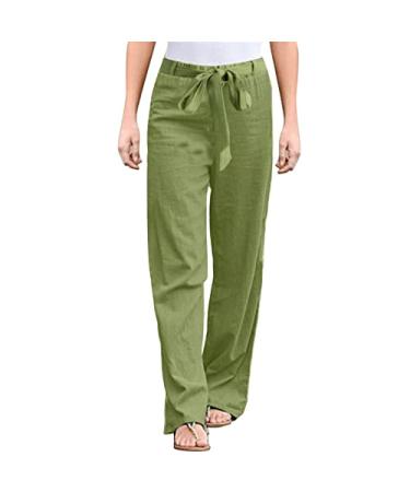 Gufesf Women's Cotton Linen Palazzo Pants Casual Wide Leg Long Trousers with Pockets Beach Pants for Women High Waisted Green Medium
