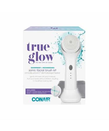 Conair True Glow Sonic Facial Brush Kit  Waterproof and Rechargeable with 2 Brush Heads and Cosmetic Storage Pouch