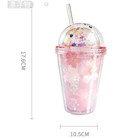 Cherry Blossoms Pink Floral Girl Cup with Straw - Reusable Travel Tumbler (290ml) | Ice Coffee Mug | Plastic Party Cup | Gift Idea - Buy Online on SooperMarket.com