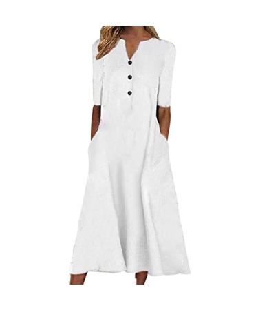 Summer Dresses for Women 2023 Elegant Loose Print Dress Casual V-Neck Buttons Long Dress Pockets Short Sleeve Dress A03-white XX-Large