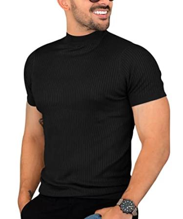 Mens Casual Slim Fit Basic Tops Short Sleeve Shirt Turtleneck T Shirts Rib Knitted Stretch Pullover Sweater Medium 01 Black
