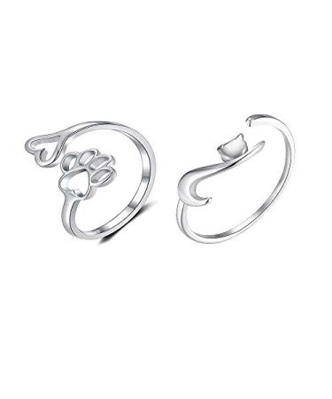 2 Pcs Lovely Puppy Dog Pet Paw Cat Tail Open Rings Set Women Dainty Animal Claw Love Heart Adjustable Jewelry Gold Silver Rosegold Plated