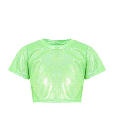 Hansber Kids Girls Boys Dance Crop Top Short Sleeve Shiny Performance T-Shirts Dancewear Costume Green 6-7