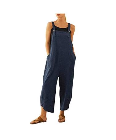 MALAIDOG Womens Casual Plus Size Bib Overalls Summer Straps Sleeveless Wide Leg Long Pant Baggy Jumpsuits Romper with Pockets Navy XX-Large