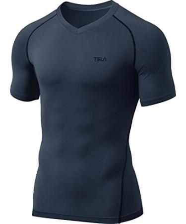 TSLA Men's Tactical Cool Dry Short Sleeve Compression Shirts, Athletic Workout Shirt, Active Outdoor Base Layer T-Shirts V Neck Shirt Charcoal Large