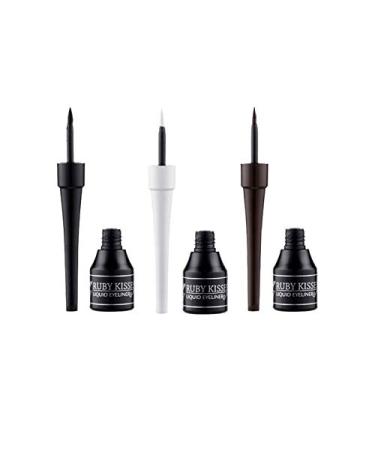 Ruby Kisses Classic Liquid Eyeliner, Smudgeproof Long Lasting Eye Makeup with Felt-Tip Applicator (3 PACK, Black,White,Chocolate) 3 PACK Black,White,Chocolate