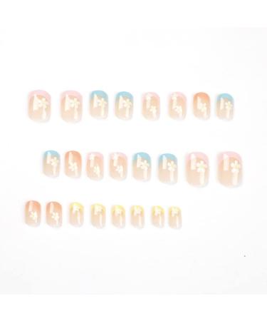 RikView French Tip Short Fake Nails with Flowers Design - Colorful Square Acrylic Press On Nails - Buy Online on SooperMarket.com