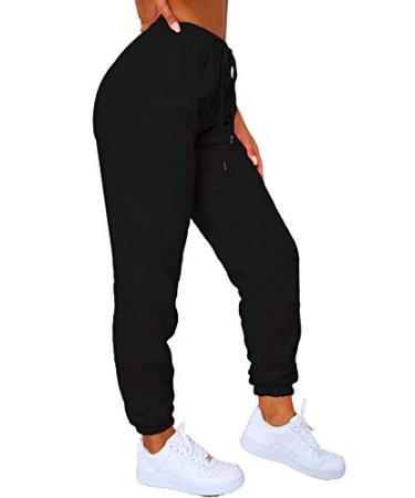 Waitfairy Womens Winter High Waisted Sweatpants Drawstring Jogger Sweat Pants Cinch Bottom Workout Trousers Medium Black