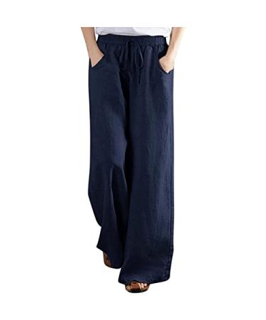 Gufesf Women's Casual Cotton Linen Palazzo Pants Wide Leg Long Trousers with Pockets Summer Capri Pants for Women Beach Dark Blue X-Large
