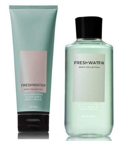 Bath and Body Works Men's Collection Freshwater 2 in 1 Hair and Body Wash 10 Oz and Body Cream 8 Oz.