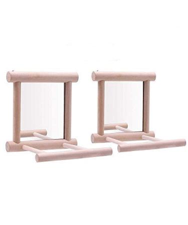 Bird Mirror Wooden Hanging Swing Interactive Play Toys for Small Parrot Budgies Macaw African Grey Parakeet Cockatiel Conure Lovebird Cage Accessories Bird Mirror Perch Stand-2 PCS