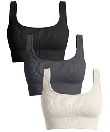 OQQ Women's 3 Piece Medium Support Tank Top Ribbed Seamless Removable Cups Workout Exercise Sport Bra Black Darkgrey Beige Medium