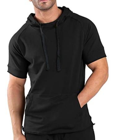 COOFANDY Men's Fashion Athletic Hoodies Pullover Muscle Fit Workout Gym Sweatshirt Cotton Short Sleeve Hooded T-Shirts Black X-Large
