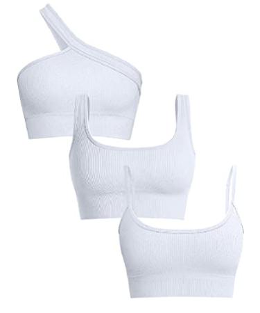 OQQ Women's 3 Piece Medium Support Tank Top Ribbed Exercise Seamless Scoop Neck Sports Bra One Shoulder Tops Crop Tops White Medium