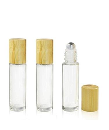 Grand Parfums 3Pcs 10mL/0.35 Oz Refillable Clear Glass Essential Oil Roll-on Bottles w/Steel or Glass Roller Balls and Bamboo Lids Empty Cosmetic Makeup Perfume Lip Gloss (3 with Steel Rollerballs)