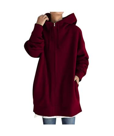Zip Up Hoodies for Women Long Sleeve Casual Sweatshirts Preppy Clothes Solid Color Hippie Jackets Coats Wine 4X-Large
