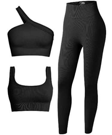 OQQ Women's 3 Piece Outfits Ribbed Seamless Exercise Scoop Neck Sports Bra One Shoulder Tops High Waist Leggings Active Set Black Large
