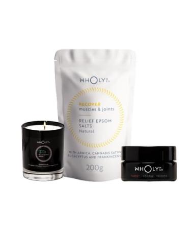 WholyMe Relief Bundle | Includes Natural Bath Soak with Arnica 200gr Relief Essential Oil Candle 180gr & Muscle Relief Balm with Hemp to aid Post Workout Recovery 50ml - Christmas Relaxation Gift Bath Salts Candle & Balm Gift Set