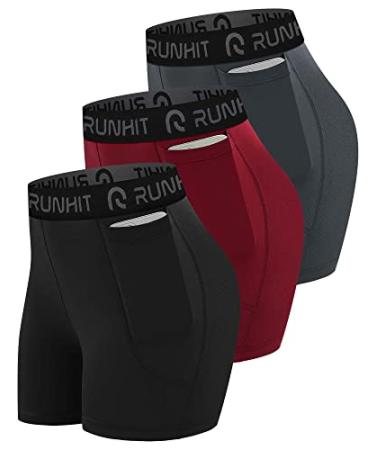 Runhit 3 Pack Compression Shorts for Women High Waisted Yoga Shorts with Pockets Spandex Running Volleyball Shorts 3 Pack:black*red*gray Medium