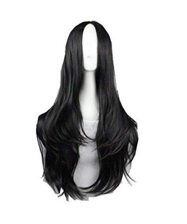 LFMDJF Middle Part Line Wigs Synthetic Heat Resistant Fiber Long Wavy Black Hair Women Female Party Hairpiece 26inches Red #1B