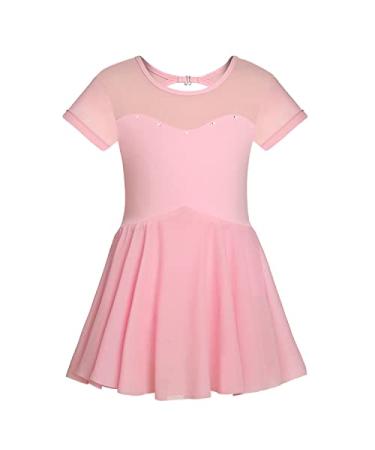 Girls Short Sleeve Ballet Dance Dress Kids Athletic Rhinestone Hollow Back Gymnastics Leotards Pink 4-5