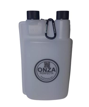 Onza Perfecta 32 oz Plastic flask for liquor hidden with 1 ounce shot glass dosage chamber (32 oz / 946 ml). Included carabiner.