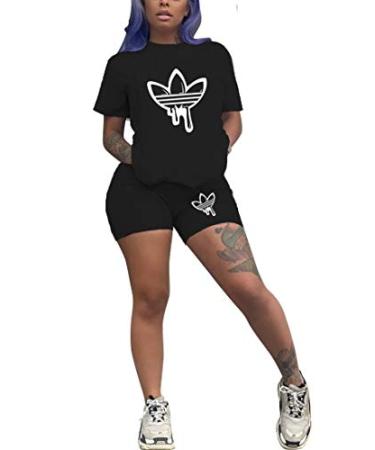 Molilove 2 Piece Outfits for Women Casual Tracksuit Off Shoulder T-Shirt and Bodycon Pants Shorts Tracksuit Set 1clover1-black Large