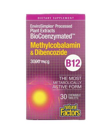 Natural Factors BioCoenzymated B12 Methylcobalamin & Dibencozide 3000 mcg 30 Chewable Tablets