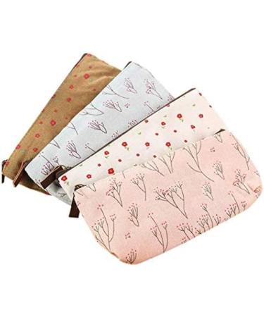 Countryside Flower Floral Cosmetic Makeup Bag Cute Floral Flower Canvas Zipper Pencil Pen Cases, Multi-functional lovely Flower Tree Fabric Coin Purse(4 Pcs)