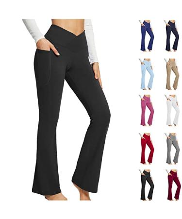 JEGULV Yoga Pants with Pockets for Women,Fashion Womens High Waisted Workout Bell Bottom Pant Solid Color Flare Leggings Yoga Pants for Women - Black Medium