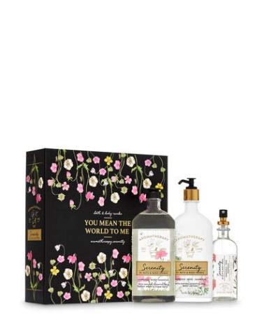 Bath and Body Works Aromatherapy Serenity MARIGOLD ROSE MAGNOLIA Gift Box Set - Body Lotion - Shower Gel Foam Bath and Pillow Mist in a floral gift box with a coordinating ribbon.