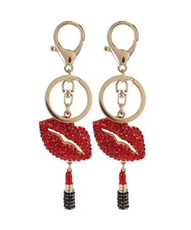 2Pcs Lips & Lipstick Sparkling Charm Keychain Pendant Key& Clasp Cosmetic Bling Accessory for Keys Purse Bags Red