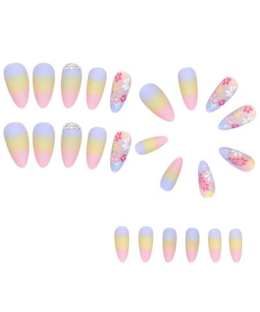 Aflytep Diamond French Wearable Nails Wearable Press on Nails Full Cover Nail Tips Rainbow Small Flower Sticker False Nail Tips