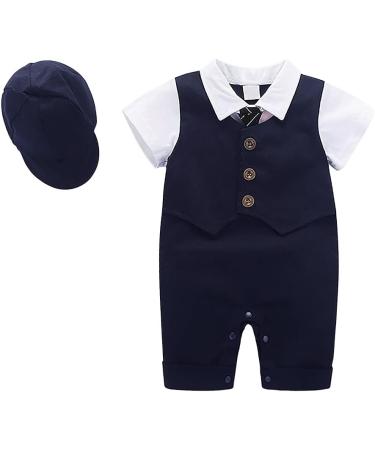AmzBarley Baby Boys Navy Tuxedo Romper Suit | 18-24 Months | Kids Gentleman Outfit with Shirt, Pants, Vest, and Bowtie - Buy Online on SooperMarket.com