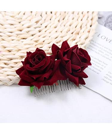 Rose Hair Clip Comb for Women - Burgundy Flower Hairpin for Wedding, Brides, Girls - Dark Red Hair Accessory - Buy Online on SooperMarket.com
