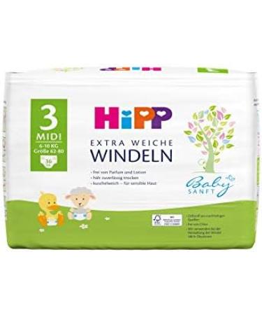 Hipp Babysanft Carry Midi 3 Diapers - Size 62-80 (6-10kg) | Pack of 3 (108 Pieces) - Best Eco-Friendly Choice for Babies - Buy Online on SooperMarket.com