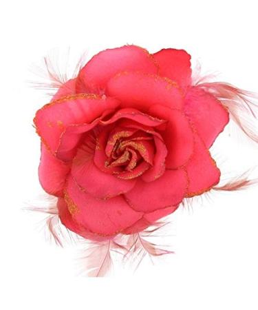 Zac's Alter Ego Glitter Hair Rose with Feathers on Clip & Elastic - Hair Piece or Corsage Bright Pink