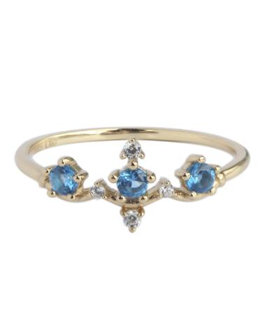 LVSHI 14k gold three small blue diamonds zircon CZ ring gold crown blue diamond engagement anniversary anniversary ring, boy and girl gift Szie 6-10 (Size 6)