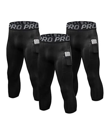 3 Pack Mens 3/4 Compression Pants with Pokects Cool Dry Running Tights Workout Athletic Leggings for Sports Yoga Gym Medium 3 Pack:black*3